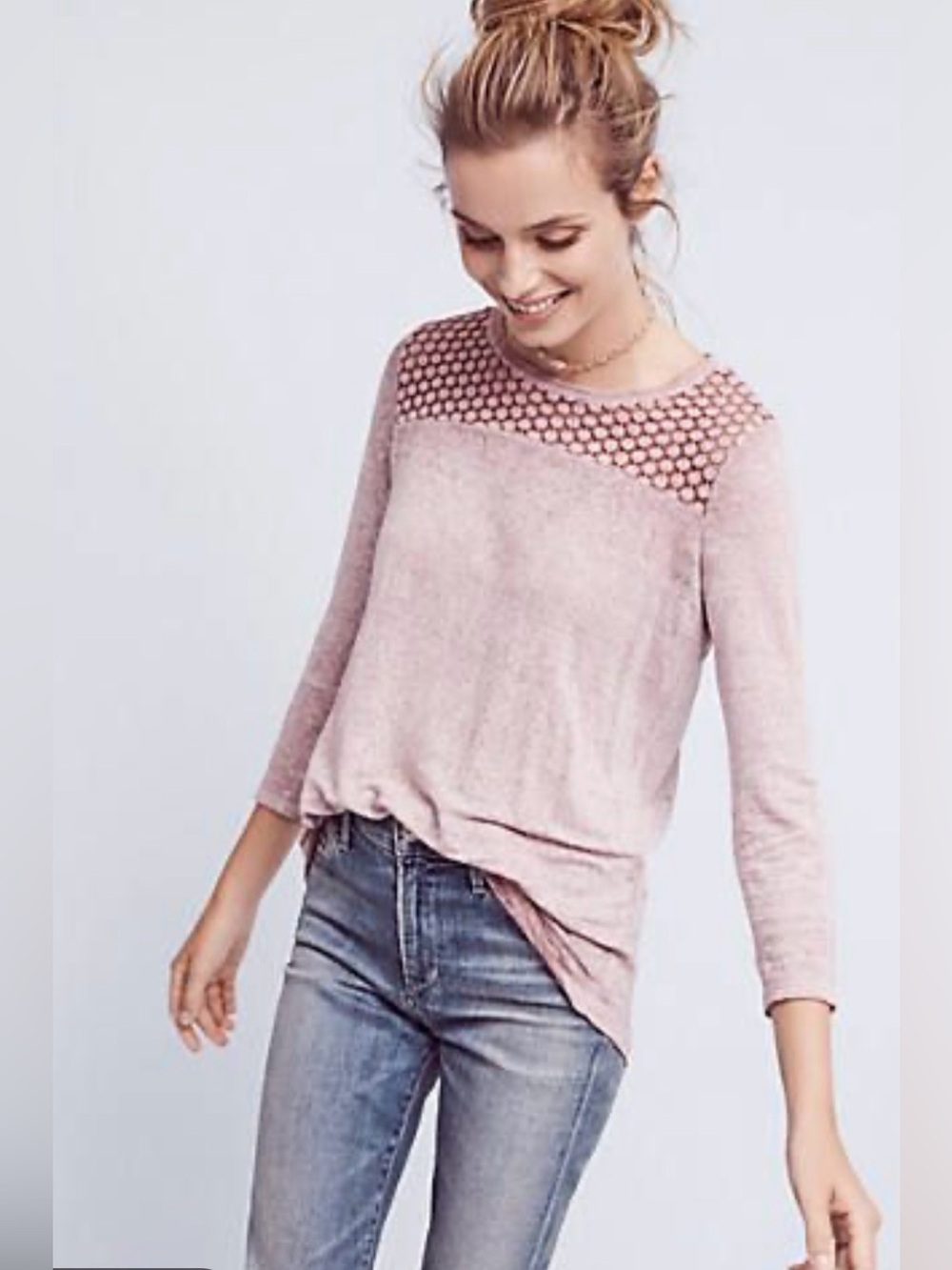 Anthropologie Linen Dusty Rose Lightweight Top with Sheer Crochet Yoke